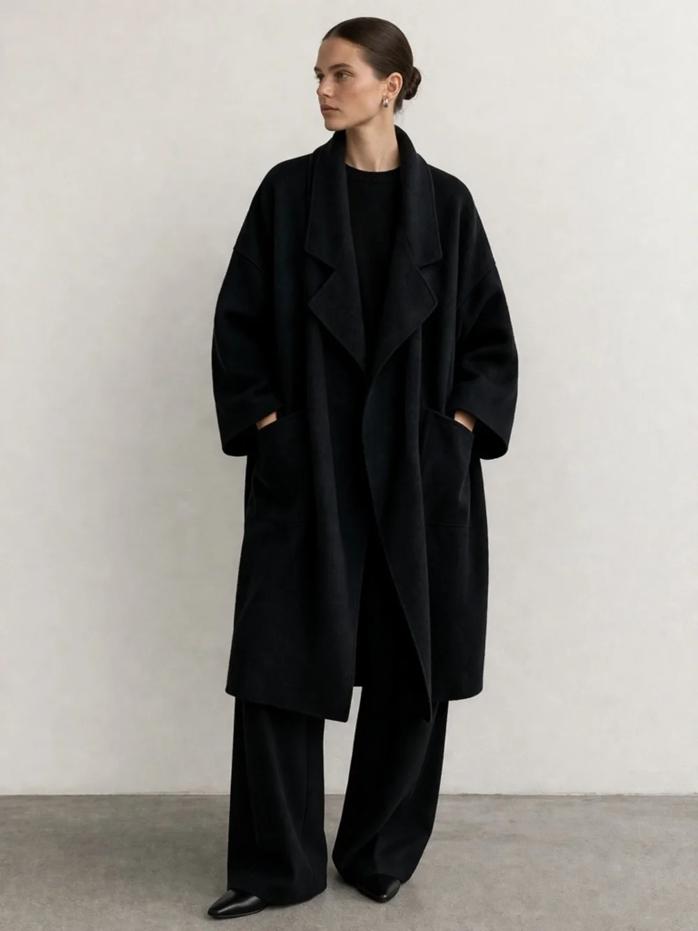 Lattelier Black 100% Wool Oversized Coat Minimalist Long Coat Size L